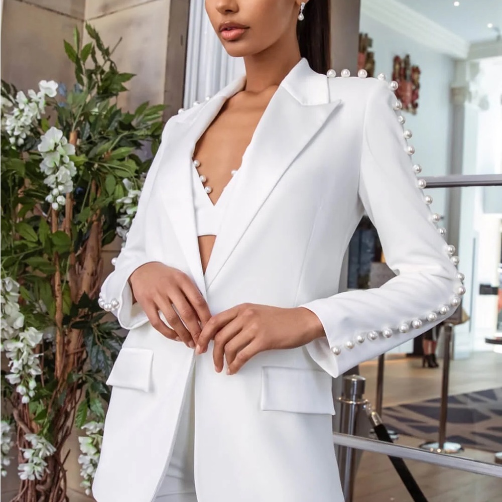Nadine Merabi White Blazer with Pearl Detailing